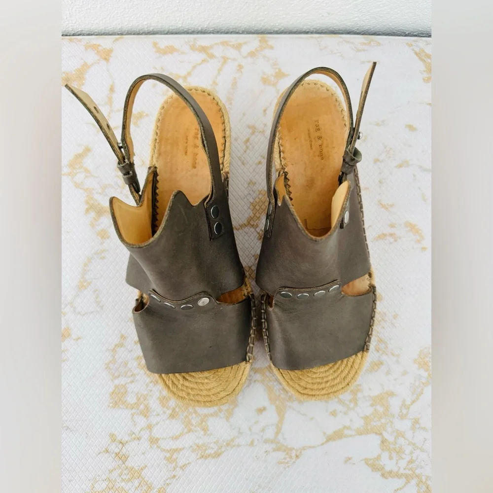 RAG & BONE Sayre II Gray Leather Espadrilles Sandal Studded Slingback - Picture 5 of 7
